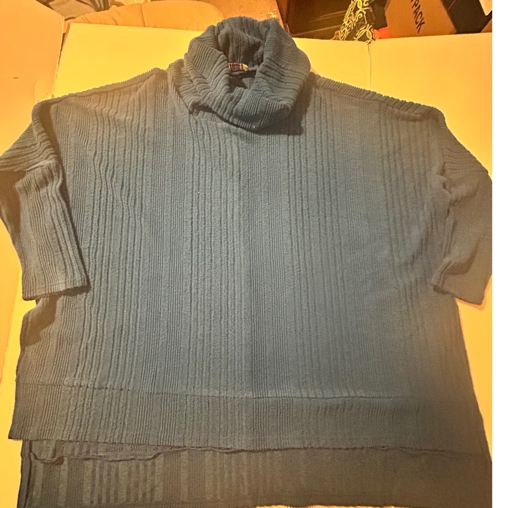 Umgee USA Teal Blue Oversized Ribbed Turtleneck Sweater Boxy High-Low Hem
